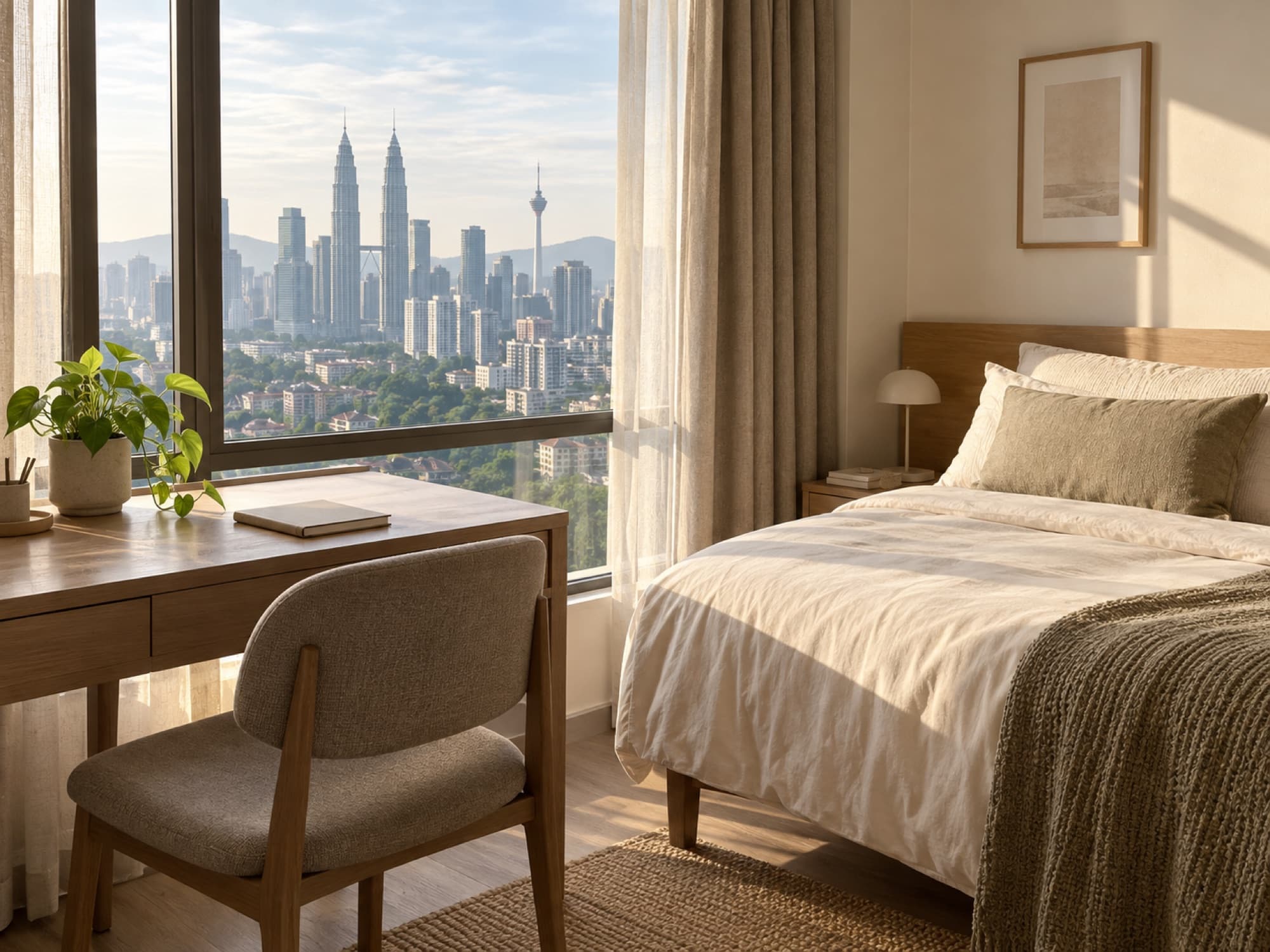 A bright student room with a desk by the window and a city view.