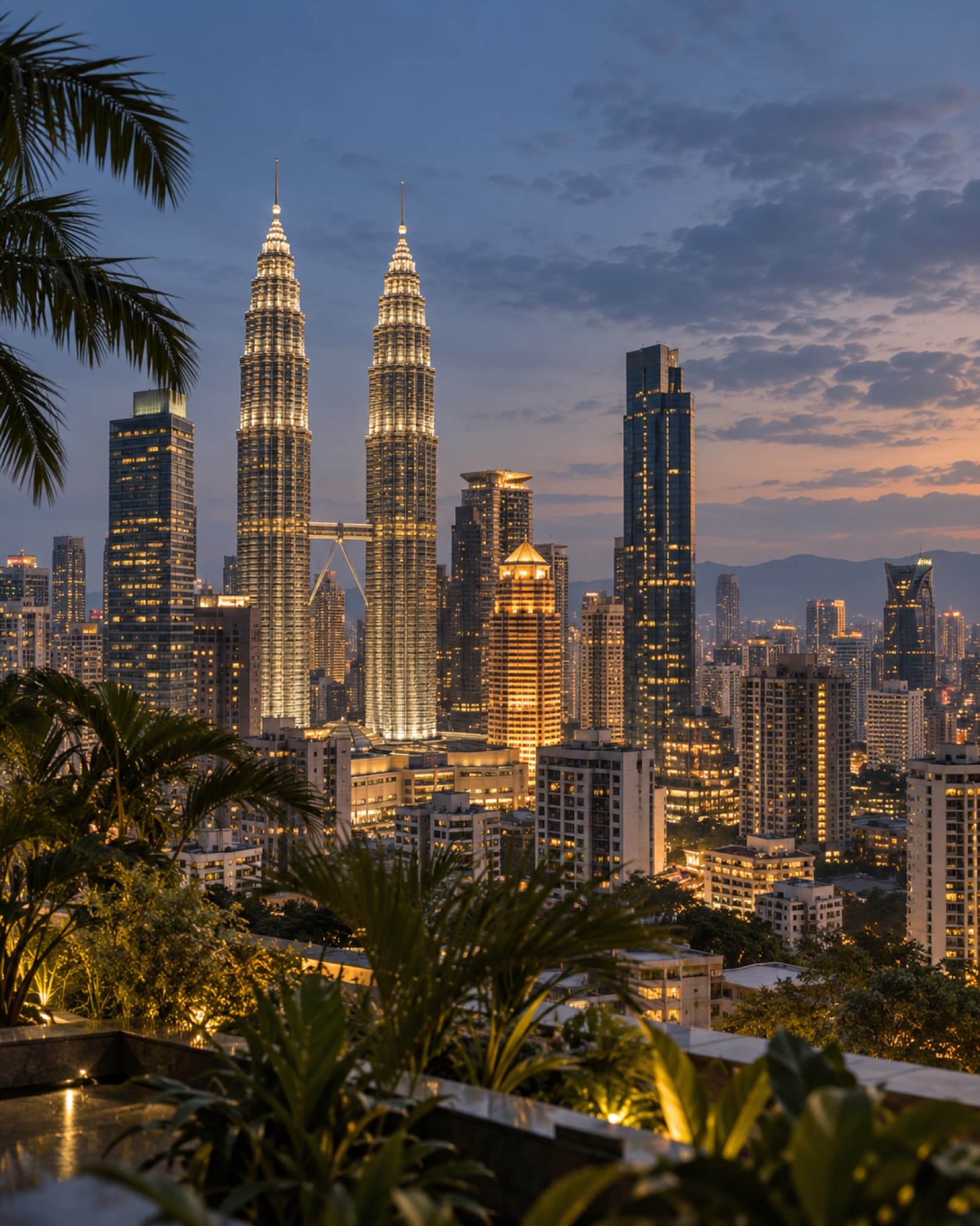 Kuala Lumpur skyline at blue hour behind rooftop palms.